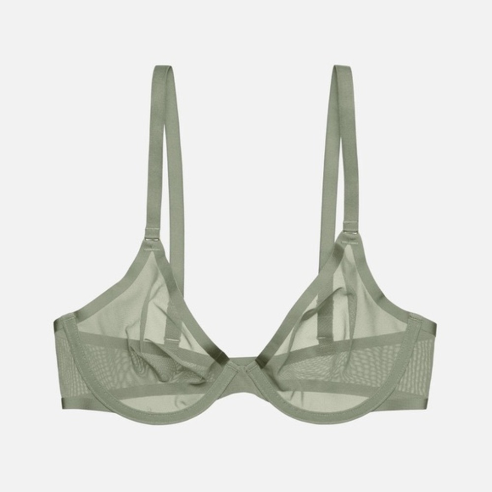 CUUP The Plunge Bra, Pyrite • 34D • sheer moss green mesh